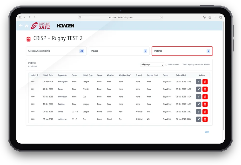 CRISP matches dashboard in Proactive on a tablet