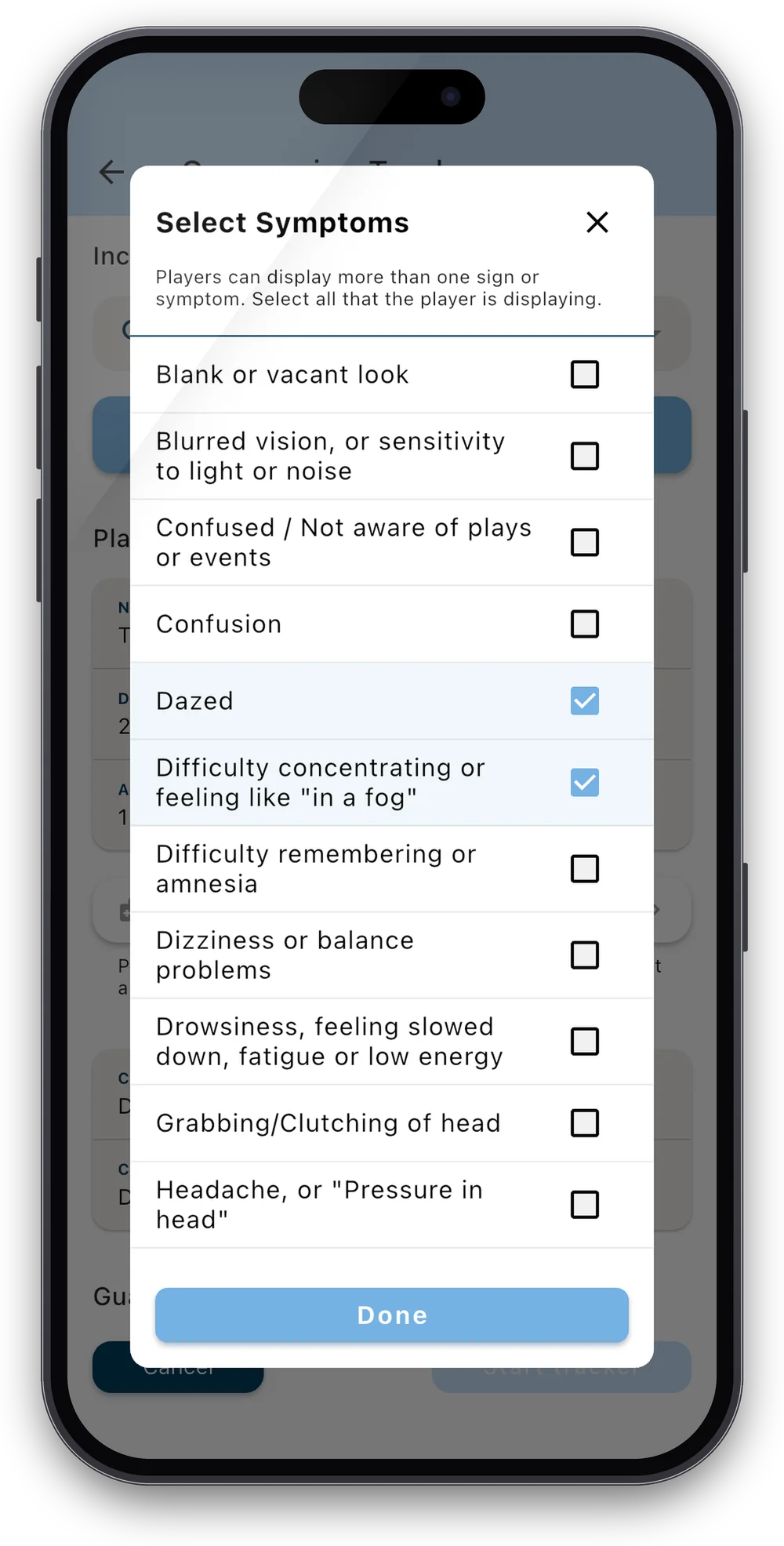 Proactive concussion tracker symptom selection screen