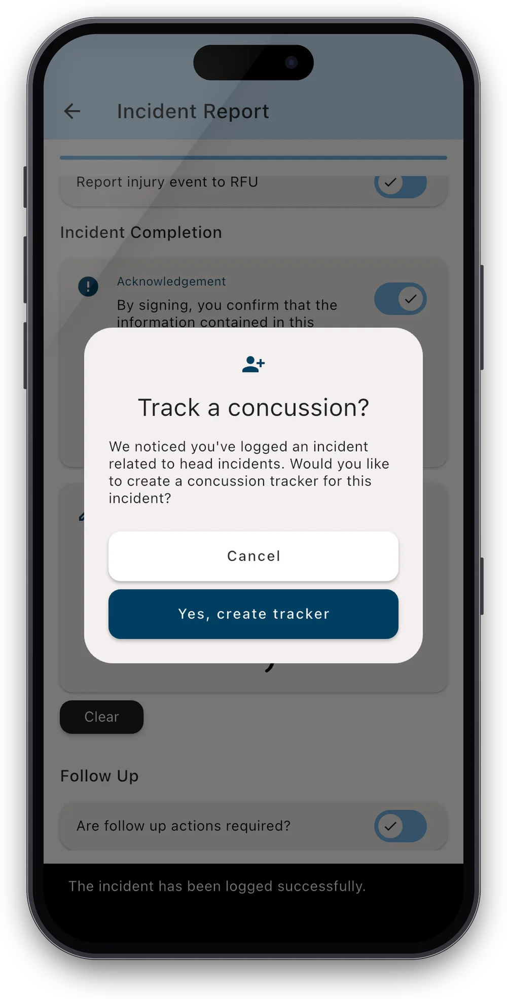 Proactive app prompting to track a concussion after an incident report
